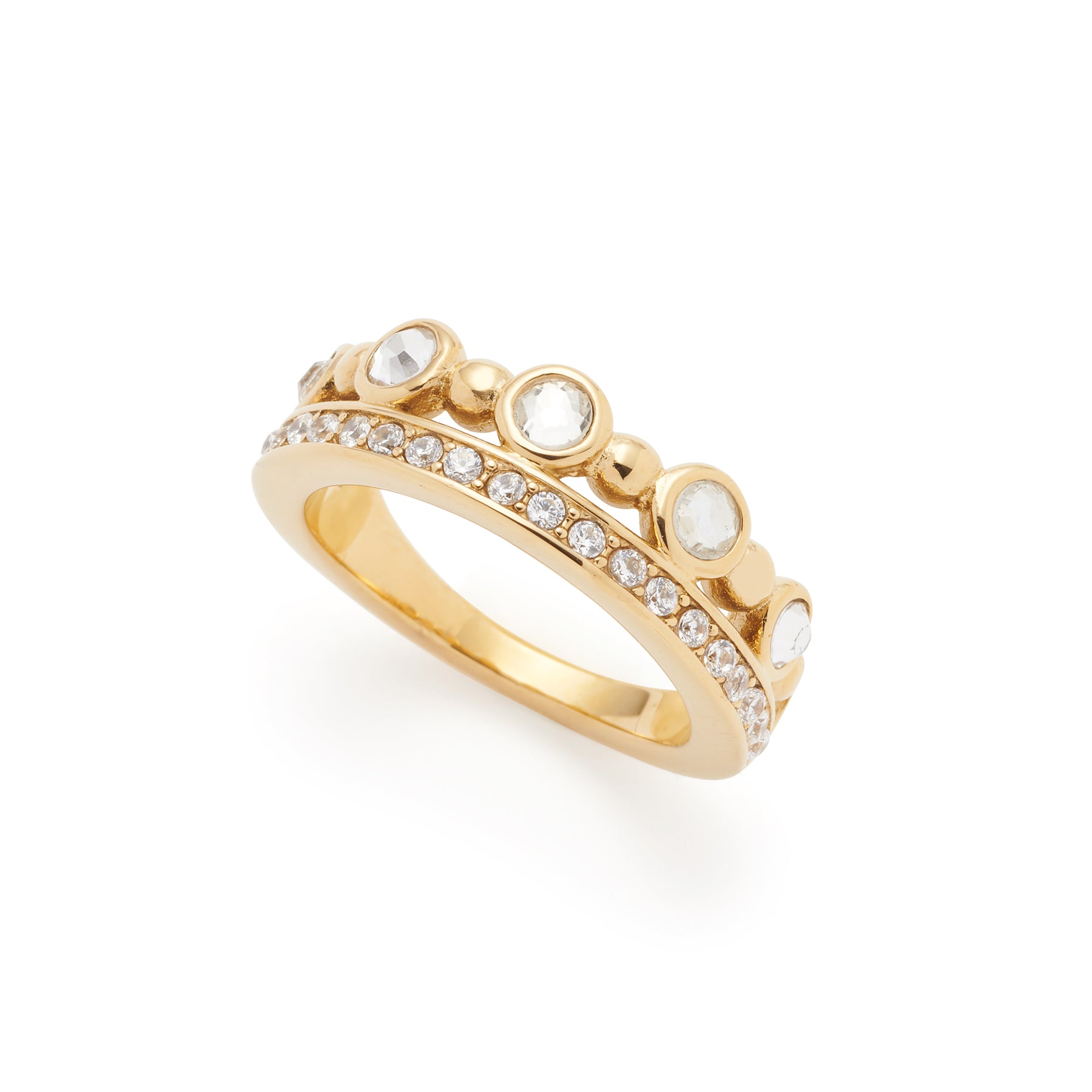 Ring BOBBY 20 gold mit runden Steinen und Zirkonia-Besatz auf weißem Hintergrund