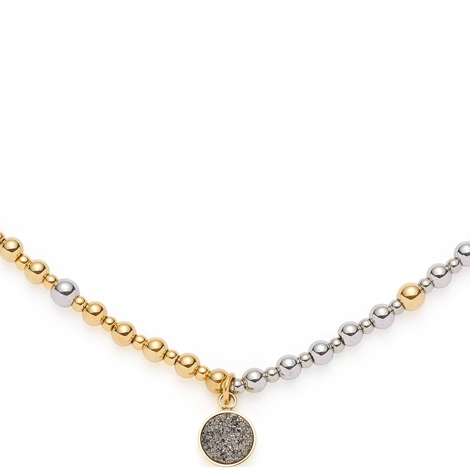Halskette ELAINE mit gold- und silberfarbenen Kugelgliedern und rundem Achat-Anhänger