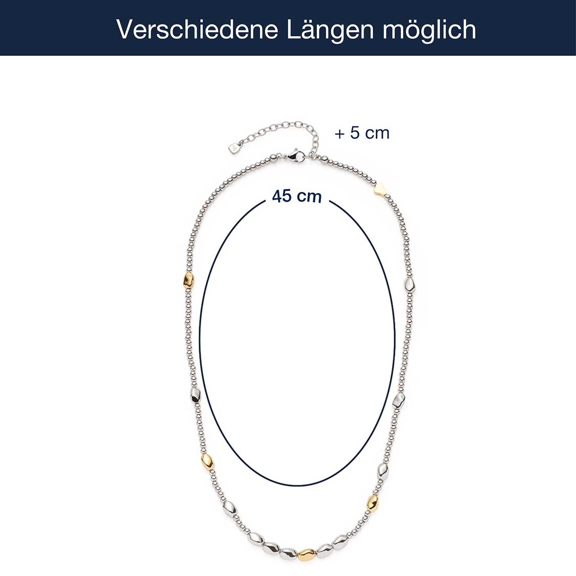 Massangaben zur Halskette VEJA mit Längenvarianten und Verlängerungskette