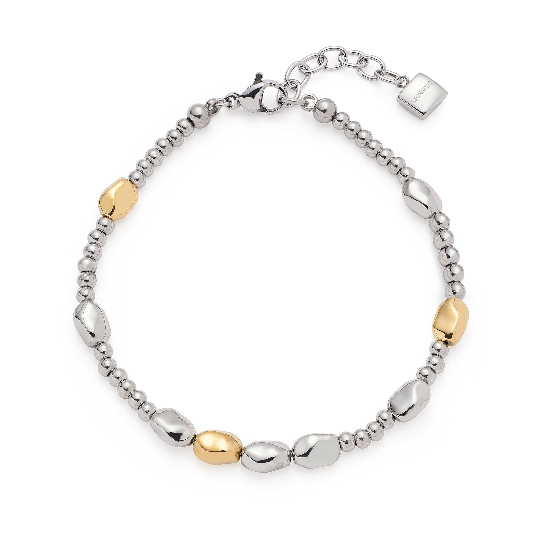 Armband VEJA mit silbernen und goldfarbenen Perlen auf weißem Hintergrund