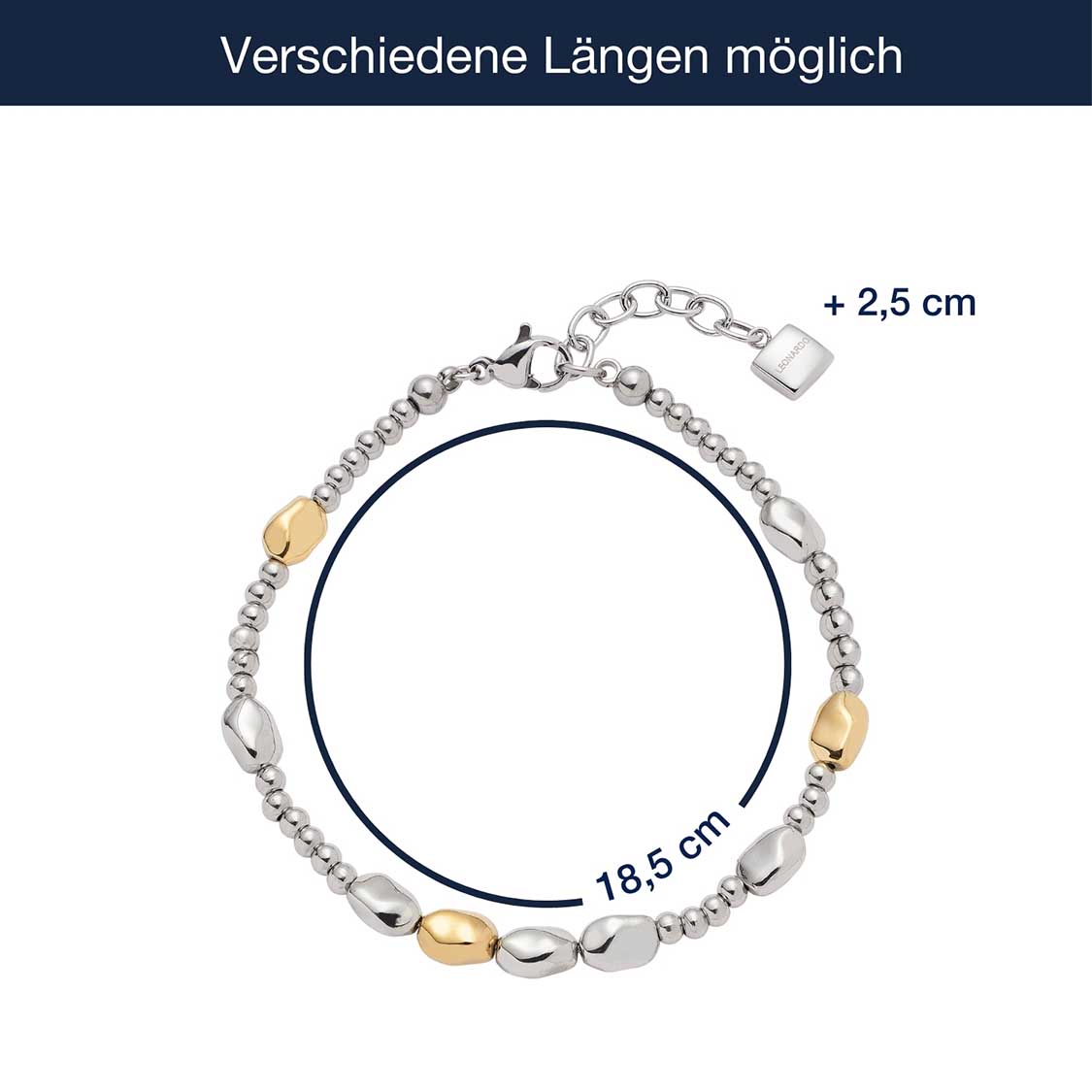 Massangaben zum Armband VEJA, silberfarbene und goldfarbene Edelstahlglieder