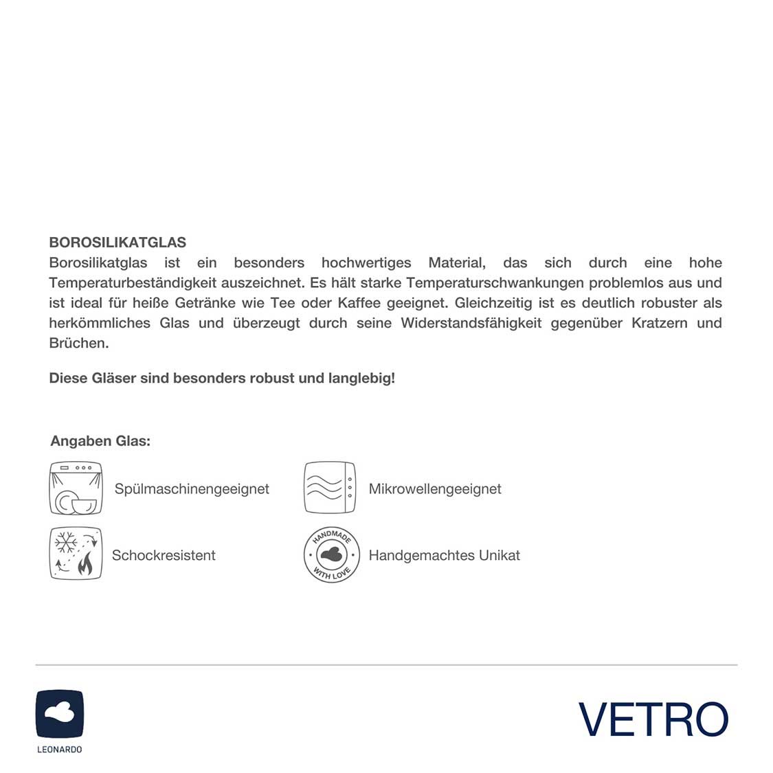 Produktinformationen zu Borosilikatglas mit Symbolen für Spülmaschine, Mikrowelle, Schockresistenz und Handgemachtes Unikat