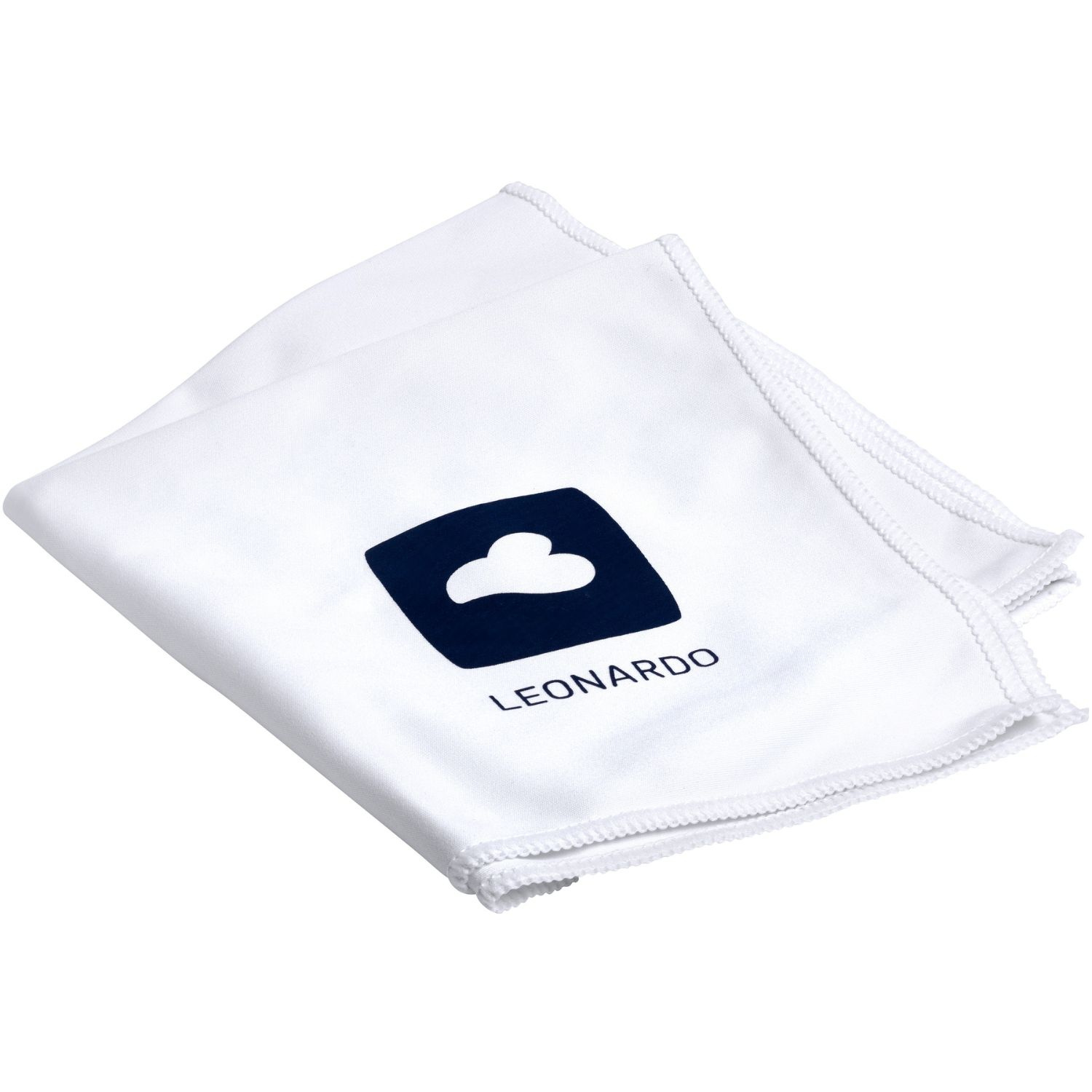Weißes Poliertuch LEONARDO mit dunkelblauem Logo und Wolkensymbol