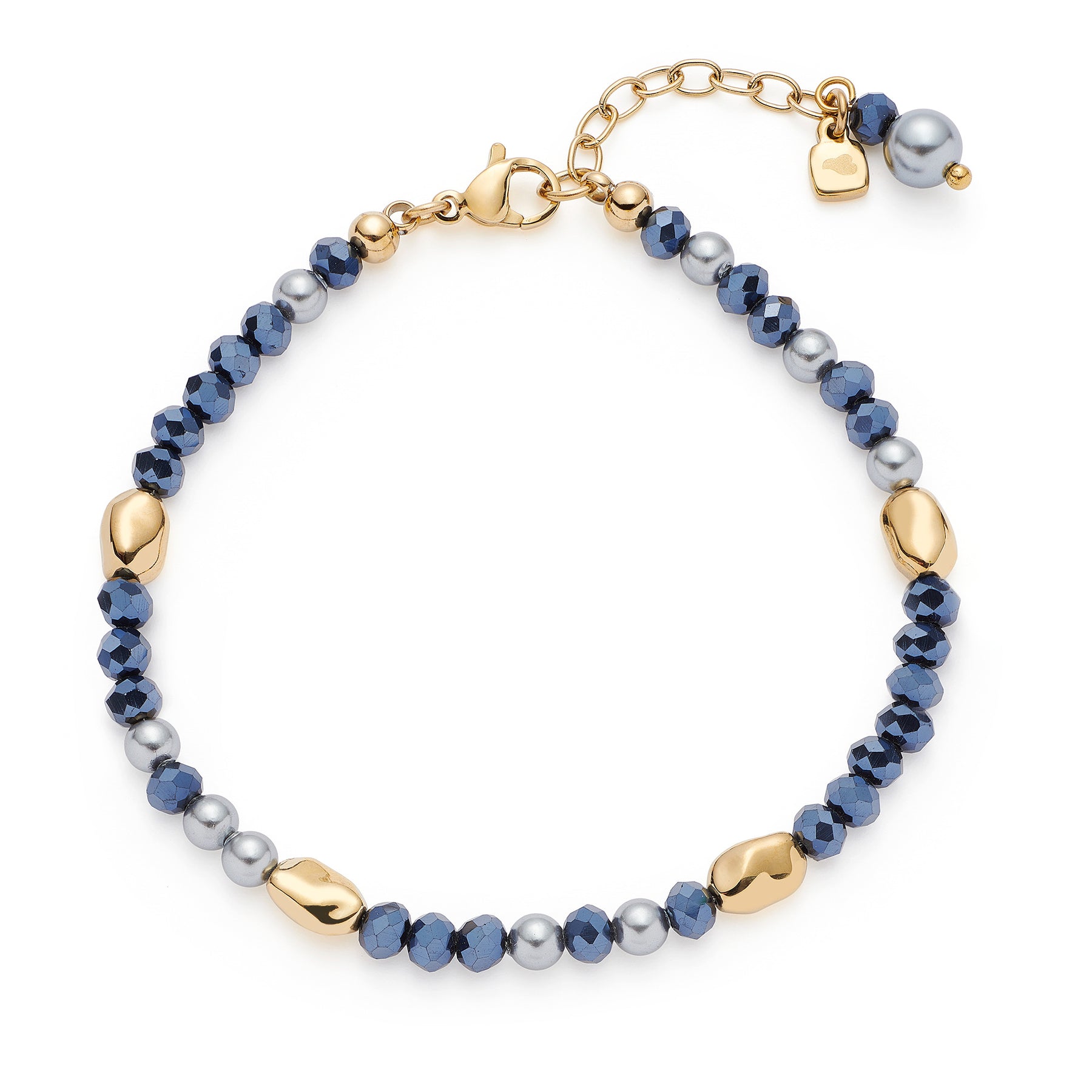Armband ALINE gold mit blauen und grauen Glasperlen, goldenen Elementen und Kettenverlängerung