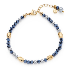 Armband ALINE gold mit blauen und grauen Glasperlen, goldenen Elementen und Kettenverlängerung