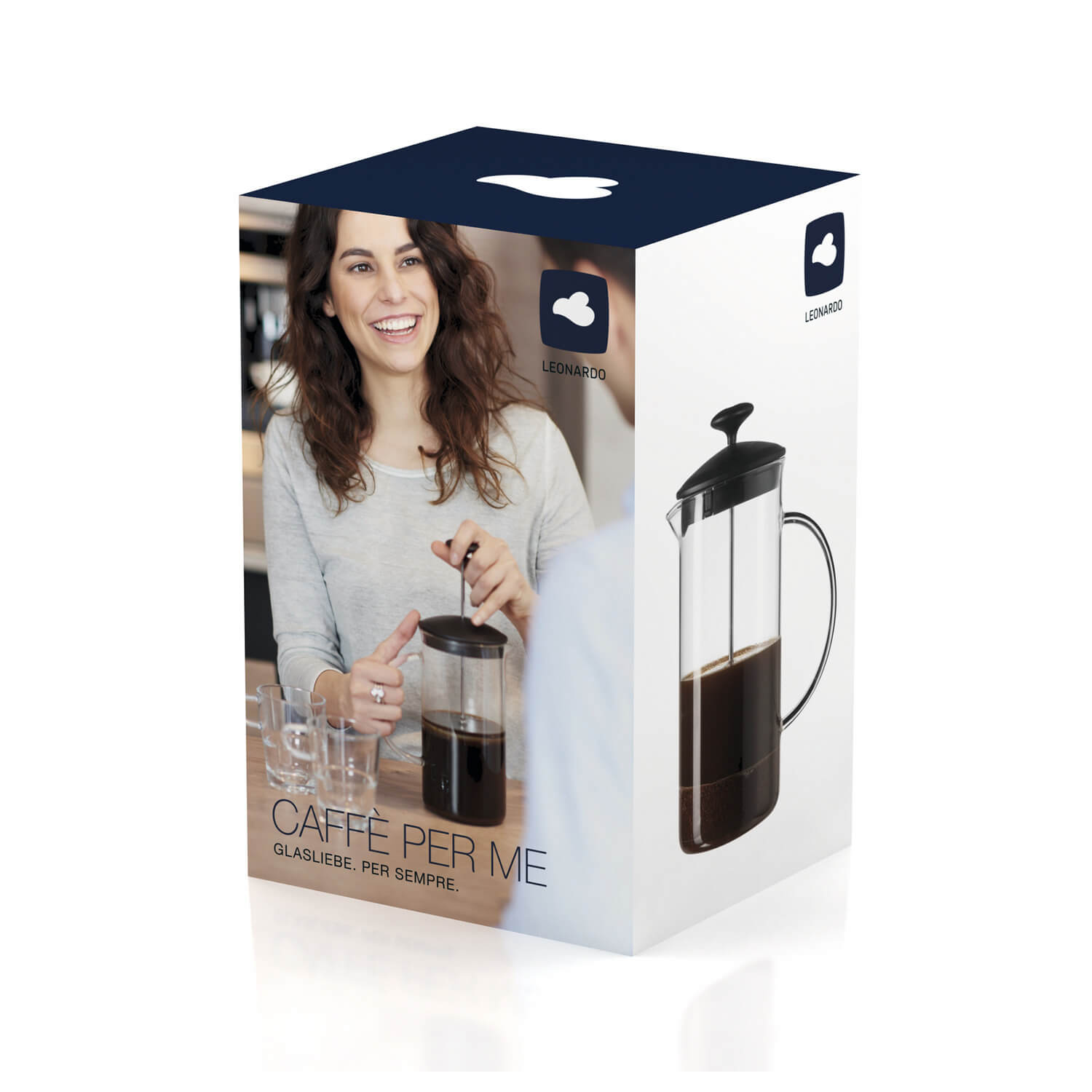 Kaffeebereiter CAFFÈ PER ME mit Frau in Wohnküche, Produktverpackung