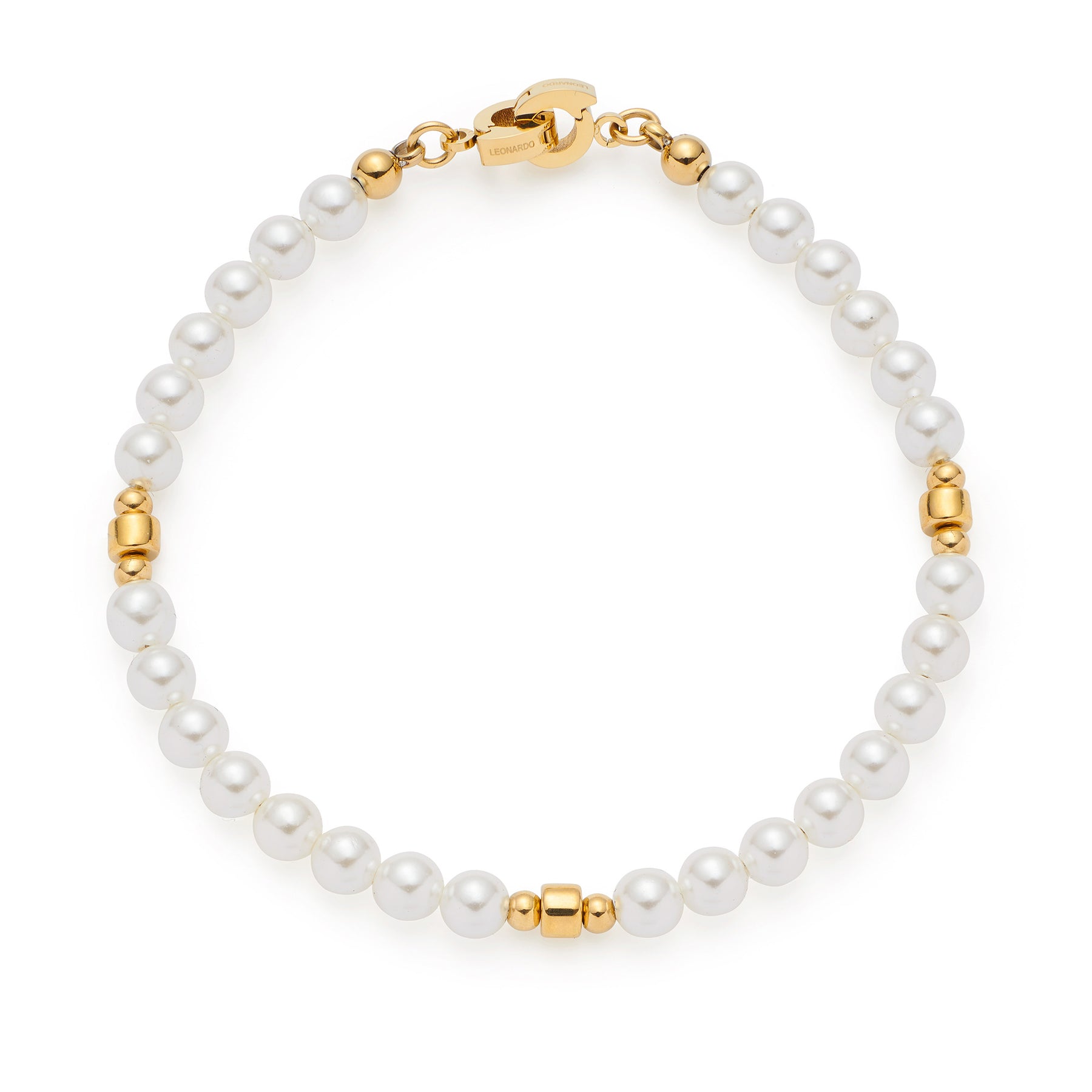 Armband CHRISTA Clip & Mix gold mit weißen Perlen und goldenen Elementen auf weißem Hintergrund
