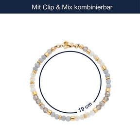 Armband BERNIE Clip & Mix gold mit Glasperlensträngen in grau und beige, Massangaben