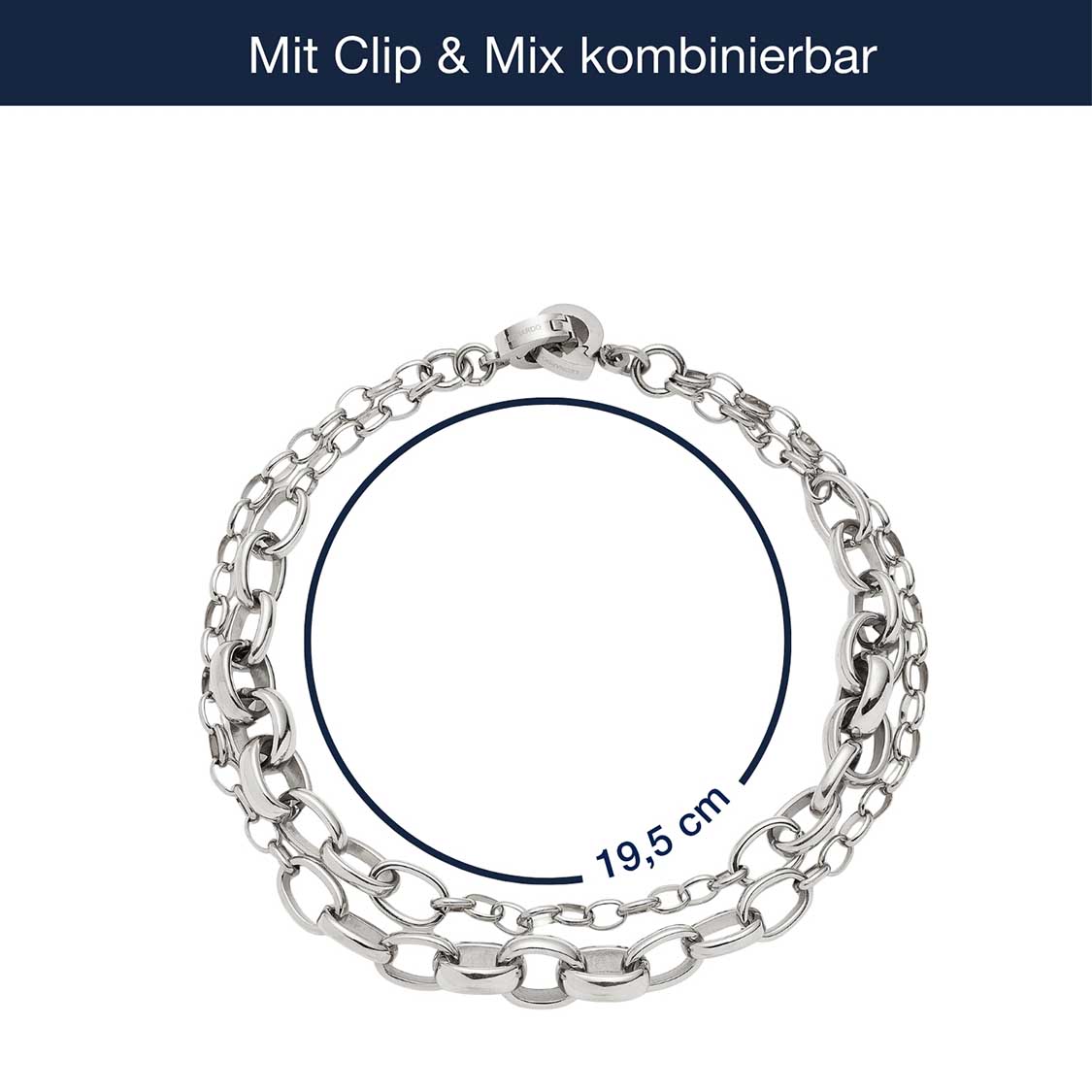 Massangaben zum Armband SUZANNE Clip & Mix, silberfarbene Gliederkette