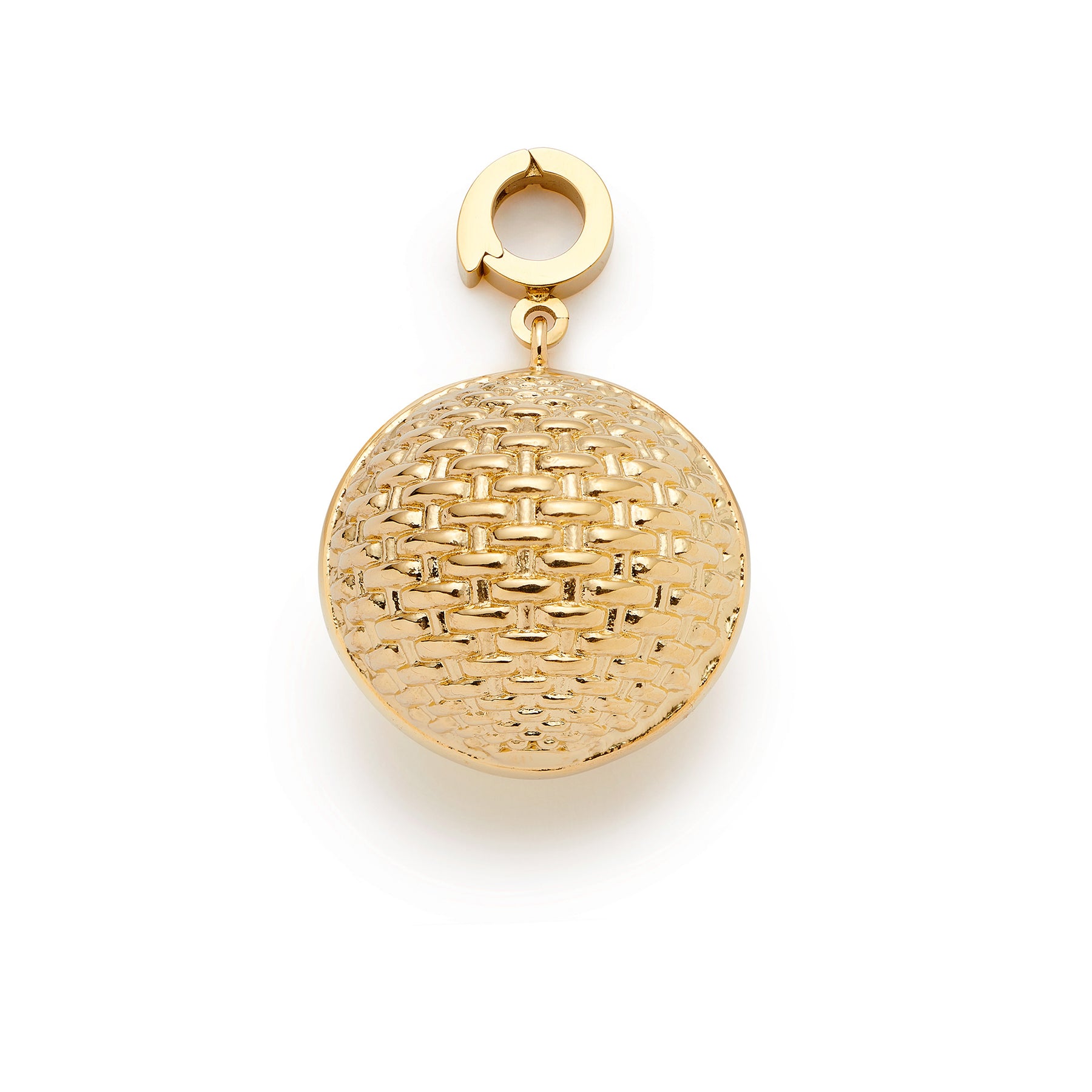 Anhänger PINOU Clip & Mix gold mit Kugelform und strukturierter Oberfläche, an goldenem Verschluss befestigt