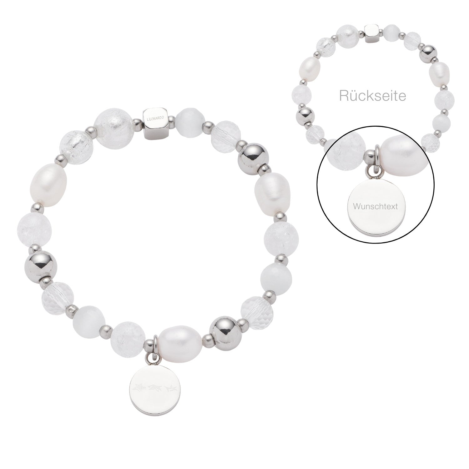Armband HOPE mit Glasperlen, Metallperlen und gravierter Anhängerscheibe, Vorder- und Rückseite