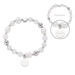 Armband HOPE mit Glasperlen, Metallperlen und gravierter Anhängerscheibe, Vorder- und Rückseite