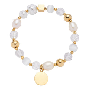 Armband HOPE gold mit Perlen, Glasperlen und goldfarbenen Metallkugeln, goldener Plakette als Anhänger