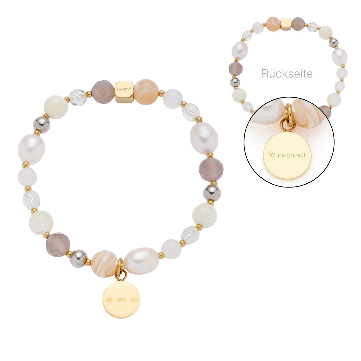 Armband HOPE bicolor mit Glasperlen, Metallakzenten und gravierter Plakette, Vorderansicht und Rückseite