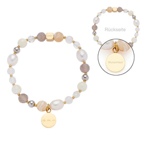 Armband HOPE bicolor mit Glasperlen, Metallakzenten und gravierter Plakette, Vorderansicht und Rückseite