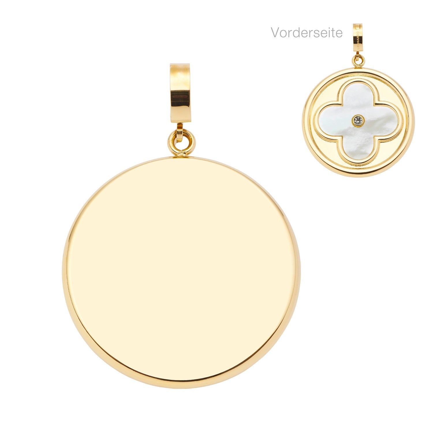 Anhänger HELENA gold, Vorderseite glatte Scheibe und Rückseite mit Perlmutt-Kleeblatt-Motiv