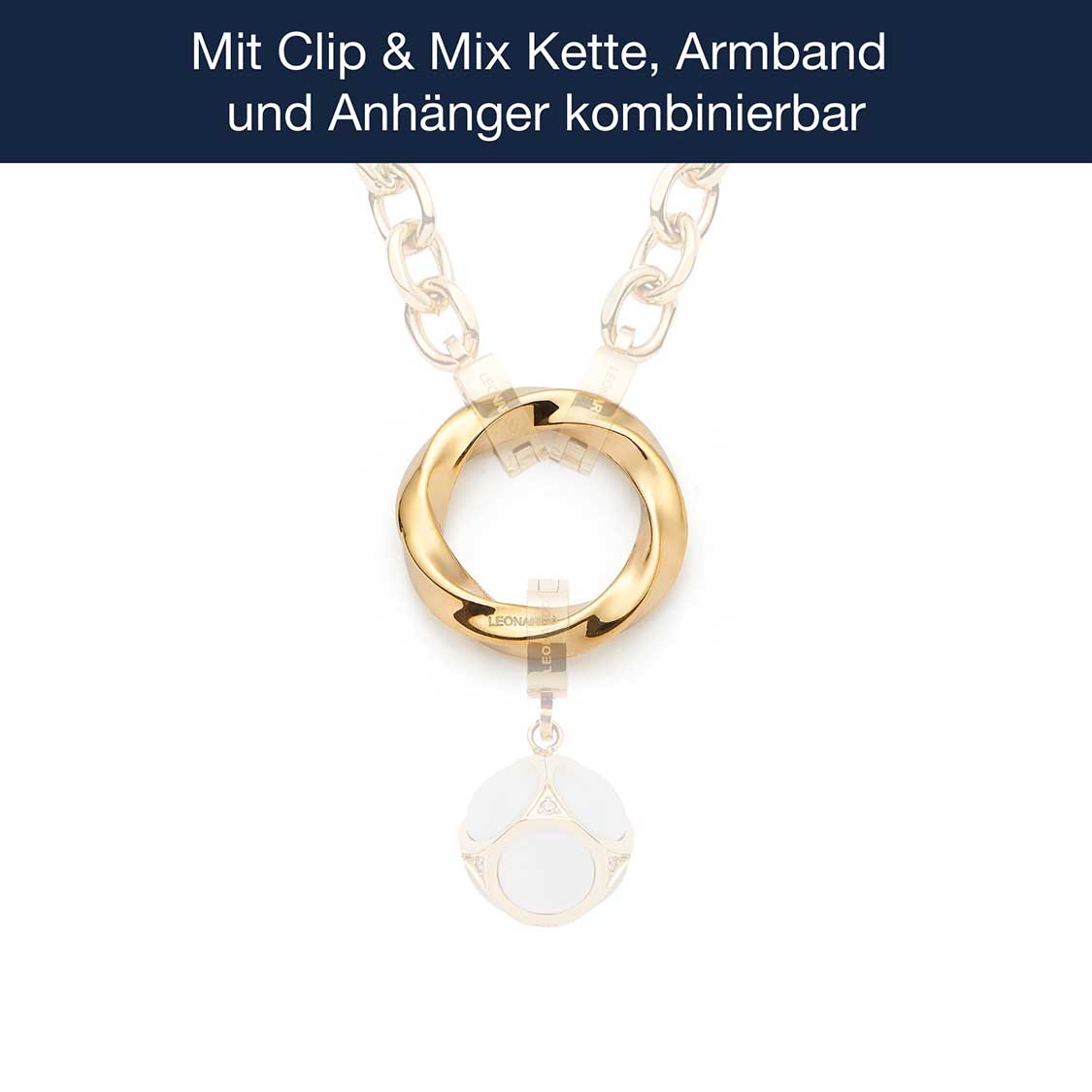 Edelstahlring LOTTI Clip & Mix gold mit Kette und weißem Anhänger