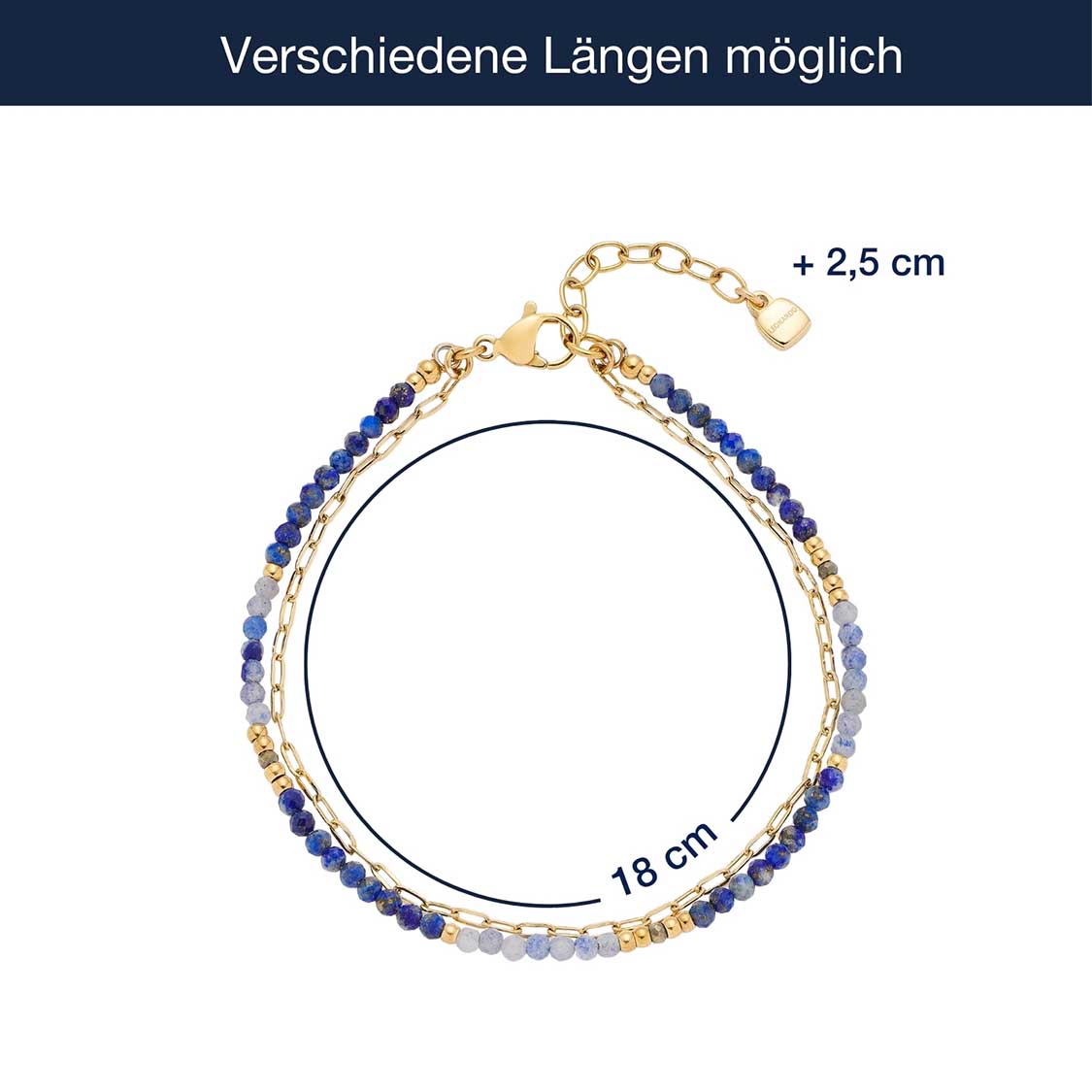 Massangaben zum Armband ROSE gold CIAO mit Perlen in Blau- und Goldtönen
