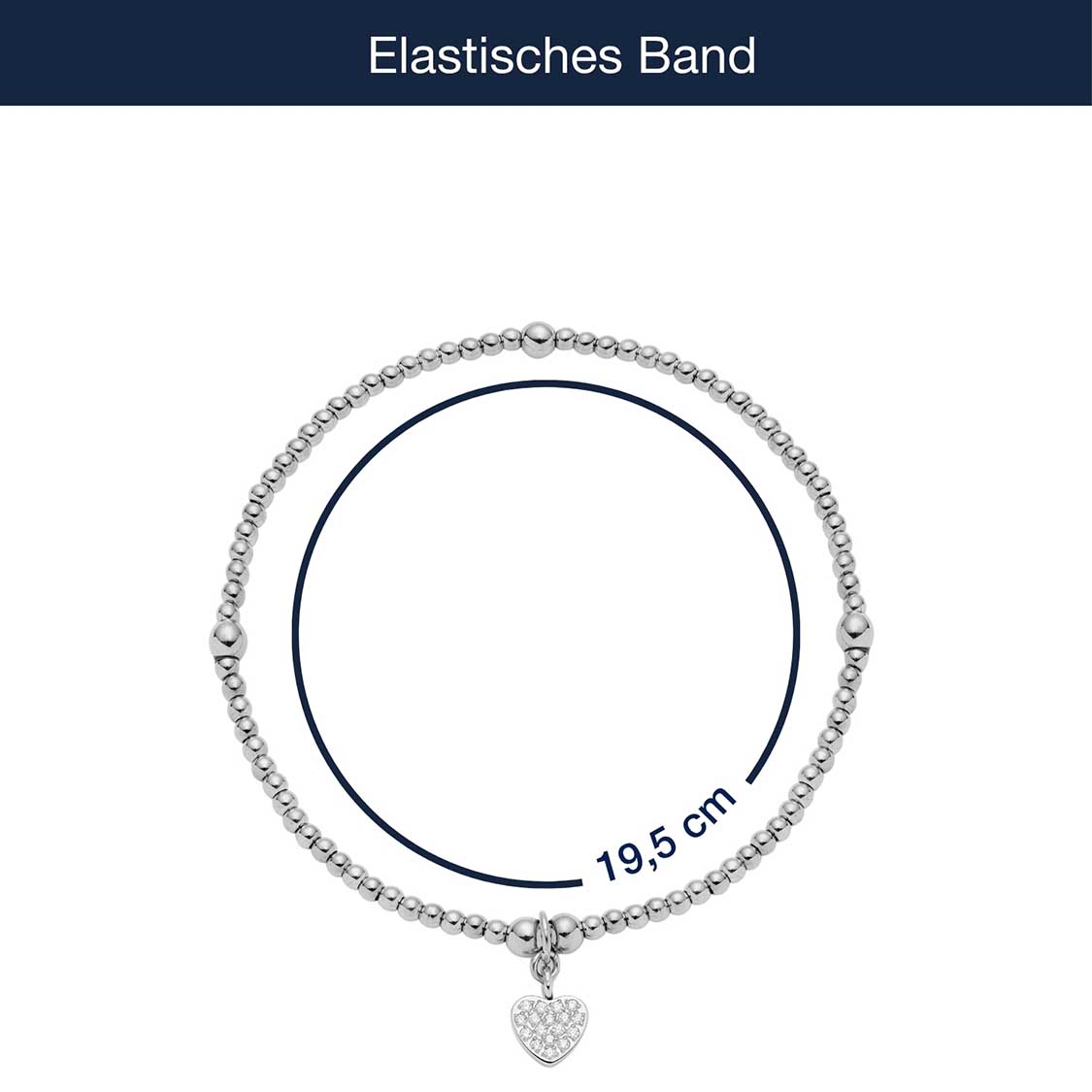 Elastisches Armband NOEMI CIAO mit Perlenreihe und Herzanhänger in Silber, Massangaben