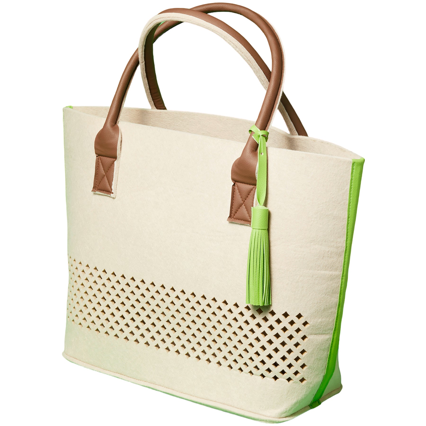 LEONARDO Beach Bag grün, Papiertasche beige mit grünen Seitenelementen und braunen Henkeln