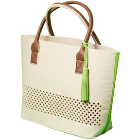 LEONARDO Beach Bag grün, Papiertasche beige mit grünen Seitenelementen und braunen Henkeln