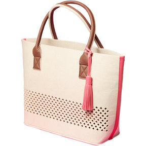 LEONARDO Beach Bag pink, beige Papiertasche mit braunen Henkeln und rosa Quasten
