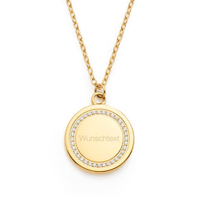 Halskette FERRARA gold mit rundem Anhänger, Gravur "Wunschtext" und Zirkonia-Rand