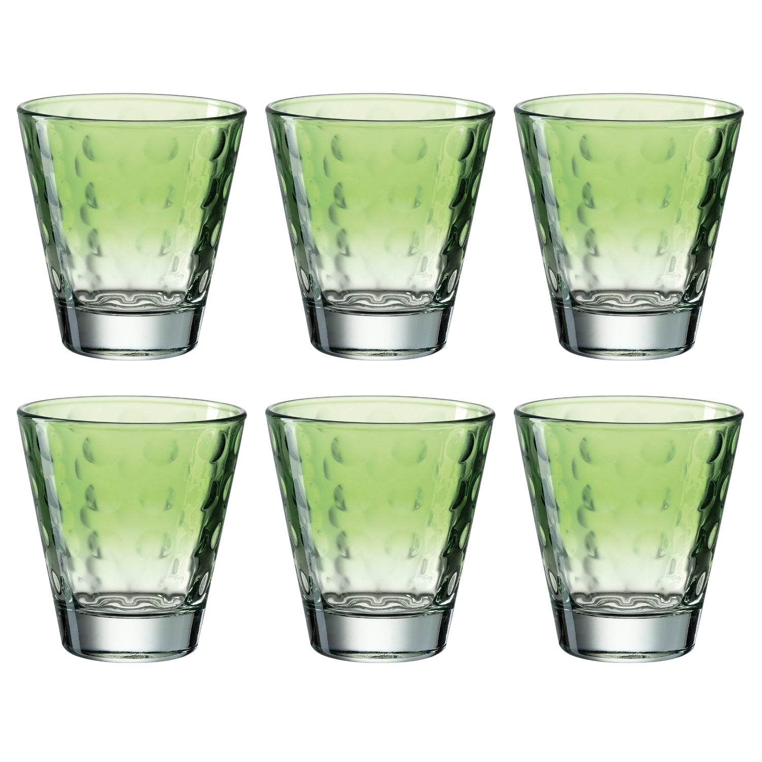 Sechs hellgrüne Trinkgläser OPTIC 215 ml in zwei Reihen angeordnet