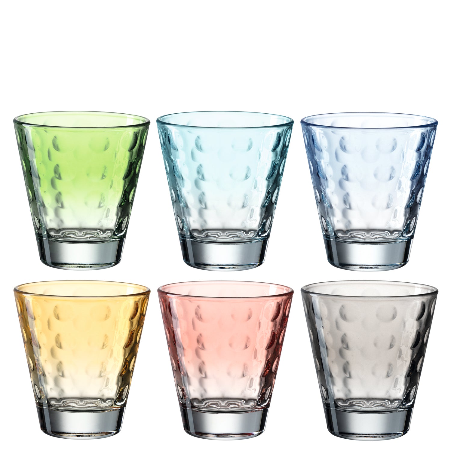 Sechs Trinkgläser OPTIC in Pastellfarben arrangiert, grün, hellblau, dunkelblau, gelb, rosa, grau