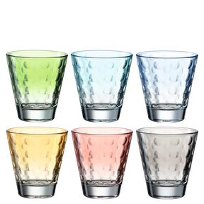 Sechs Trinkgläser OPTIC in Pastellfarben arrangiert, grün, hellblau, dunkelblau, gelb, rosa, grau
