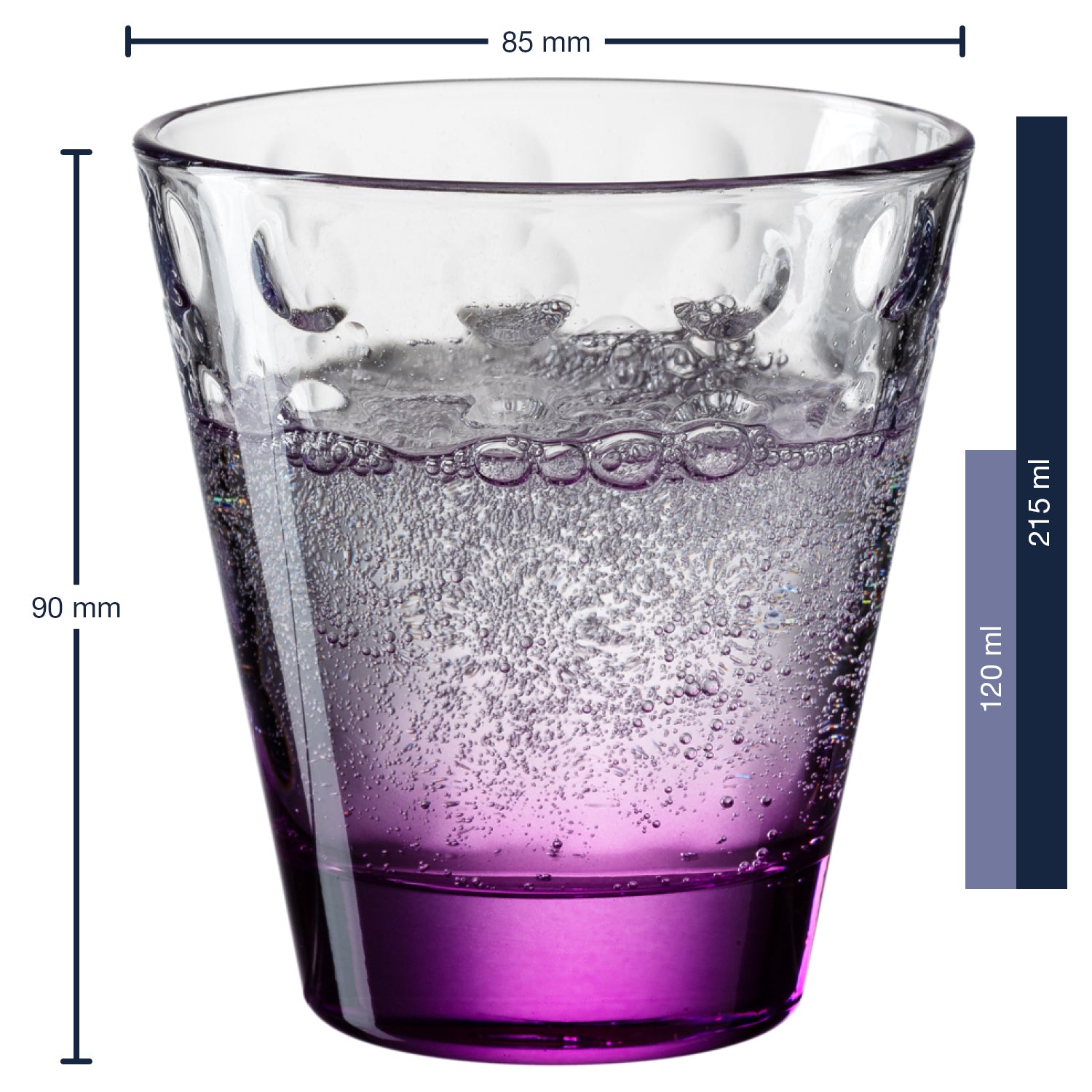 Massangaben zu Trinkglas OPTIC 215 ml mit violetter Flüssigkeit