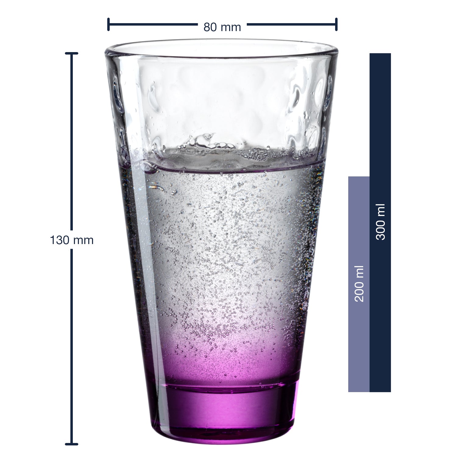 Massangaben zu Trinkglas OPTIC 300 ml mit violetter Füllflüssigkeit
