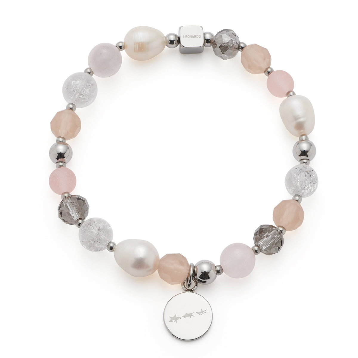 Armband HOPE silber/rose mit Perlen, Kristallperlen und Anhänger auf weißem Hintergrund