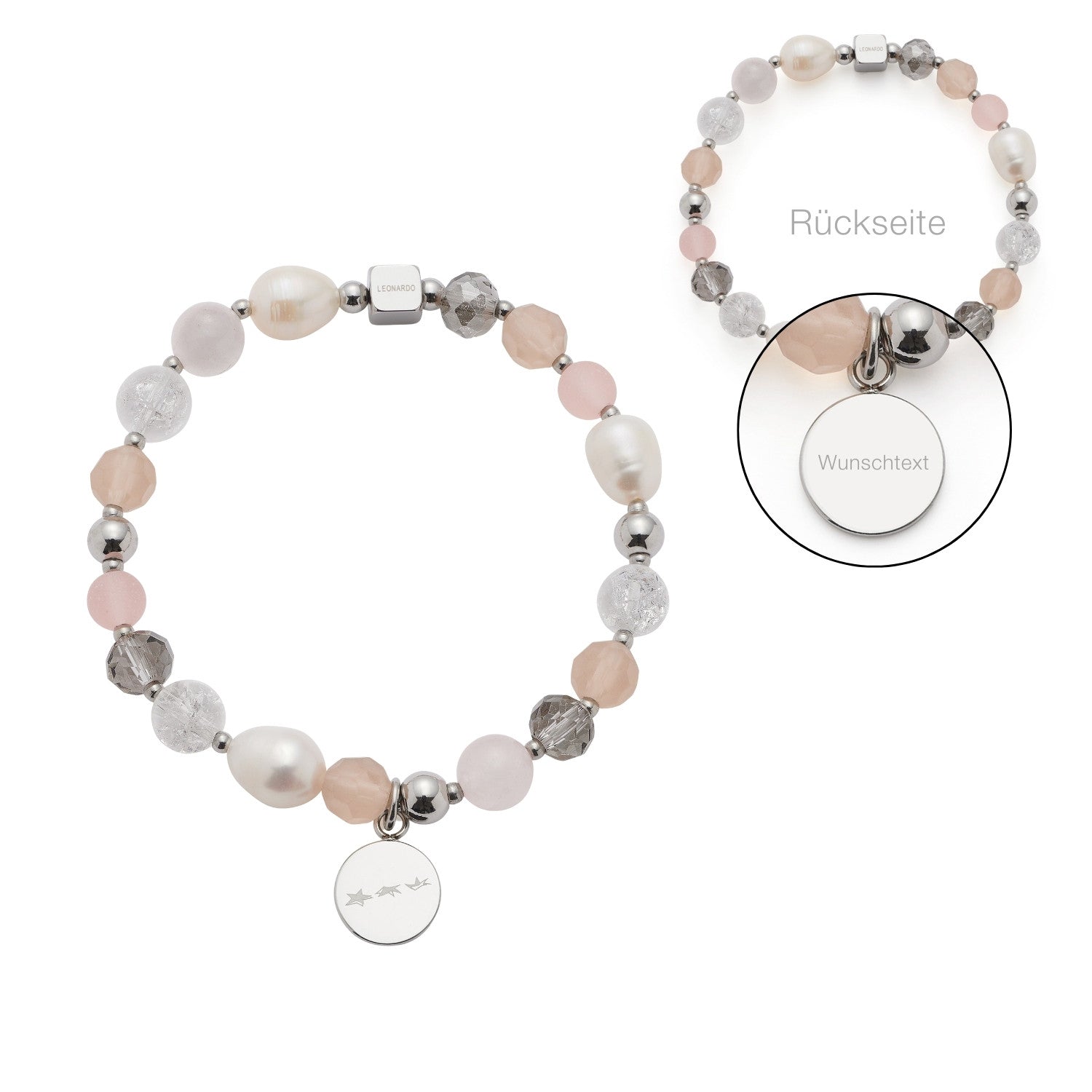 Armband HOPE silber/rose mit Perlen und Gravur-Anhänger, Vorder- und Rückseite