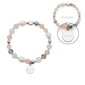 Armband HOPE silber/rose mit Perlen und Gravur-Anhänger, Vorder- und Rückseite