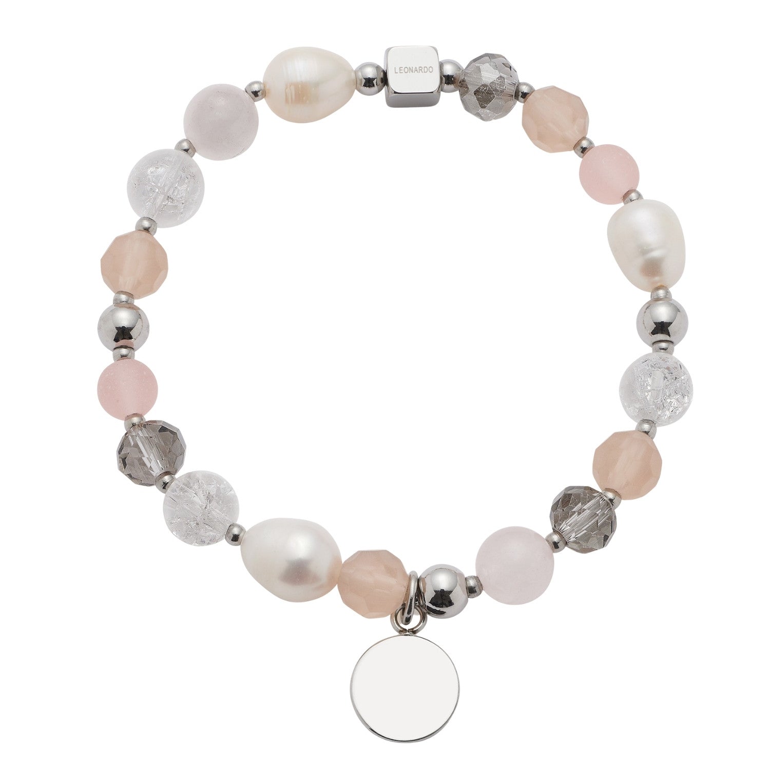Armband HOPE silber/rose mit Perlen, Glasperlen und rundem Gravuranhänger auf weißem Hintergrund