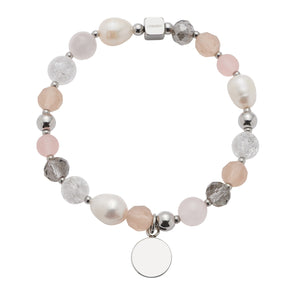 Armband HOPE silber/rose mit Perlen, Glasperlen und rundem Gravuranhänger auf weißem Hintergrund