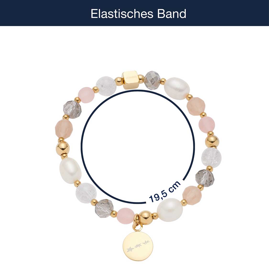 Elastisches Armband HOPE gold/rose mit Perlen und goldfarbenen Metallkugeln, Größenangabe