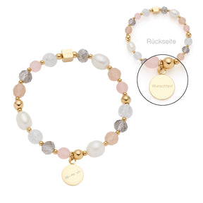 Armband HOPE gold/rose mit Perlen, Metallkugeln und persönlicher Gravur auf Plakette