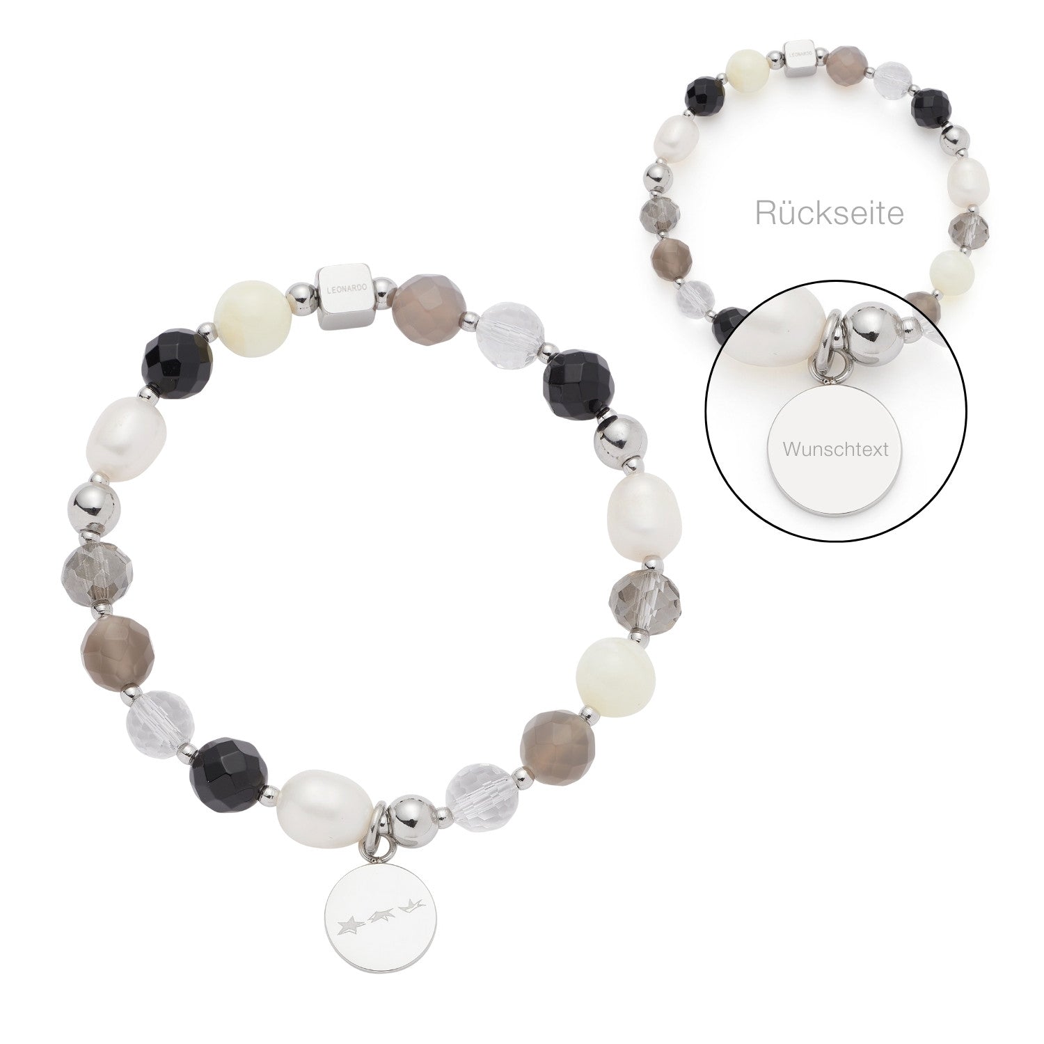Armband HOPE silber/grau mit Perlen und Gravur, Vorder- und Rückseite