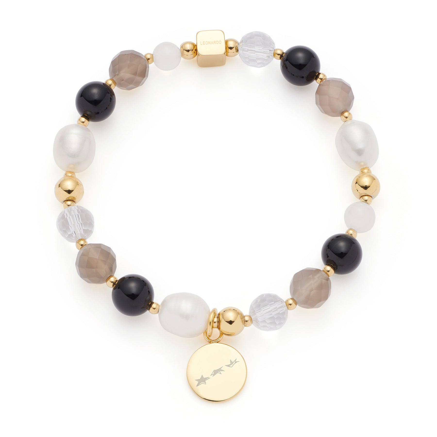 Armband HOPE gold/grau mit Perlen, schwarzen Kugeln und goldenem Anhänger