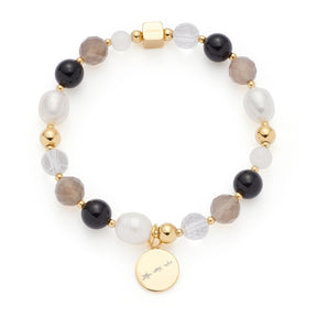 Armband HOPE gold/grau mit Perlen, schwarzen Kugeln und goldenem Anhänger