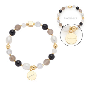 Armband HOPE gold/grau mit Perlen und Gravur, Detailansicht der Rückseite mit Wunschtext