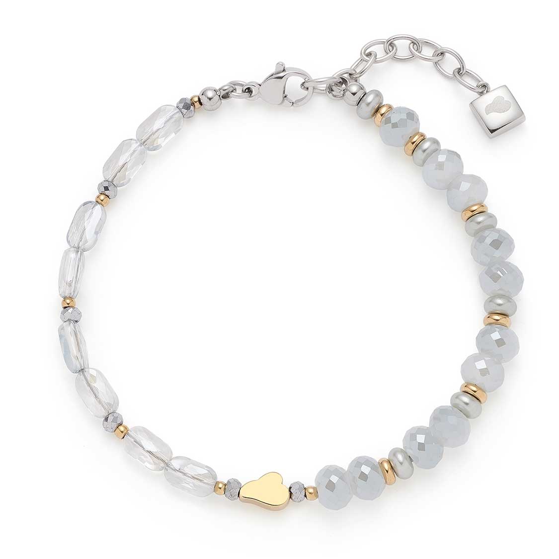 Armband MARIT mit facettierten grauen Perlen, goldenen Zwischenperlen und herzfoermigem Anhaenger
