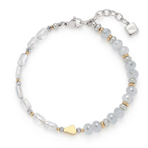 Armband MARIT mit facettierten grauen Perlen, goldenen Zwischenperlen und herzfoermigem Anhaenger