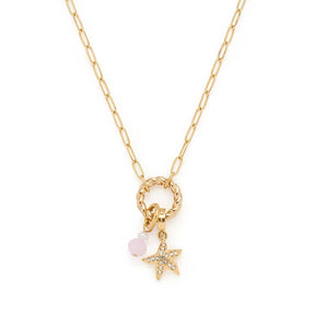 Halskette FRANZI mit Gliederkette, Ringanhänger, rosa Perle und Seestern-Charm in Gold