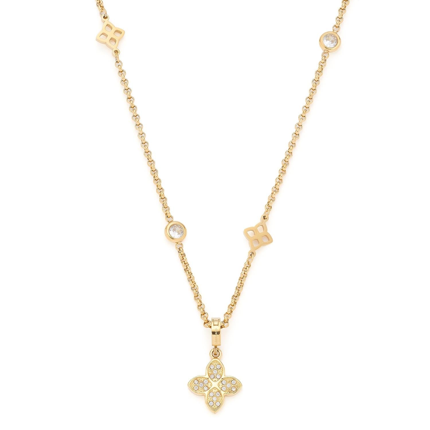 Halskette RUTH 45 cm gold mit Kristallanhängern und Kleeblatt-Pendant