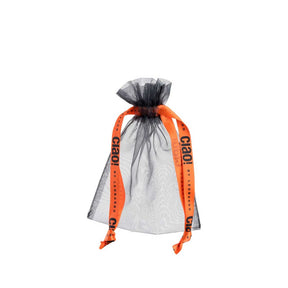 Schmuckbeutel aus Organza in Silber mit orangenen Bändern, verschlossen mit schwarzer Kordel