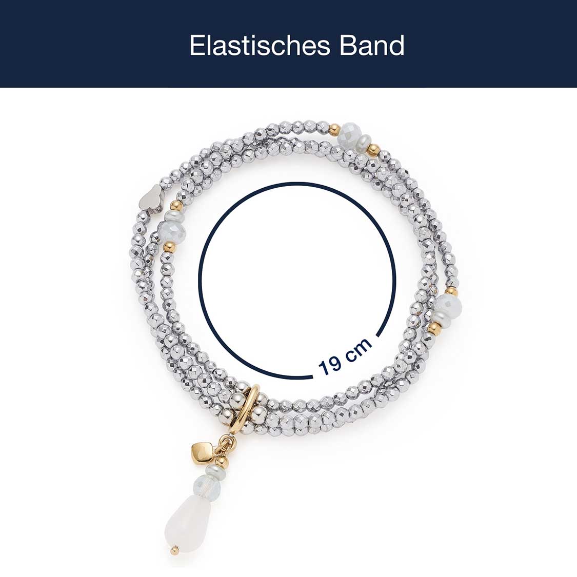 Elastisches Armband NOURA mit Glasperlen und goldfarbenen Akzenten, Massangaben
