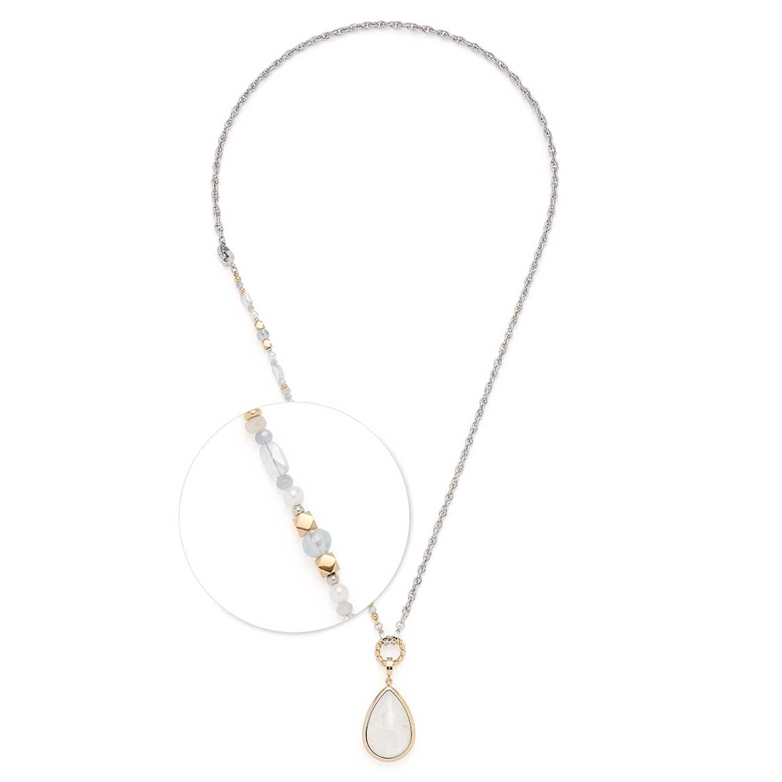 Halskette ESTHER 69 cm mit grauer Kette, goldenen Perlendetails und tropfenförmigem Anhänger